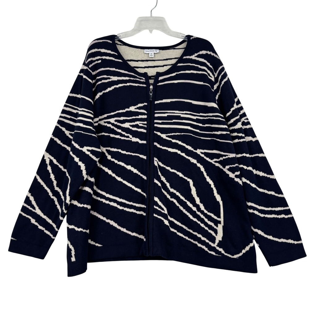 Susan Graver Zip Front Cardigan Women 3X Navy Cream Abstract Zebra Knit FLAW